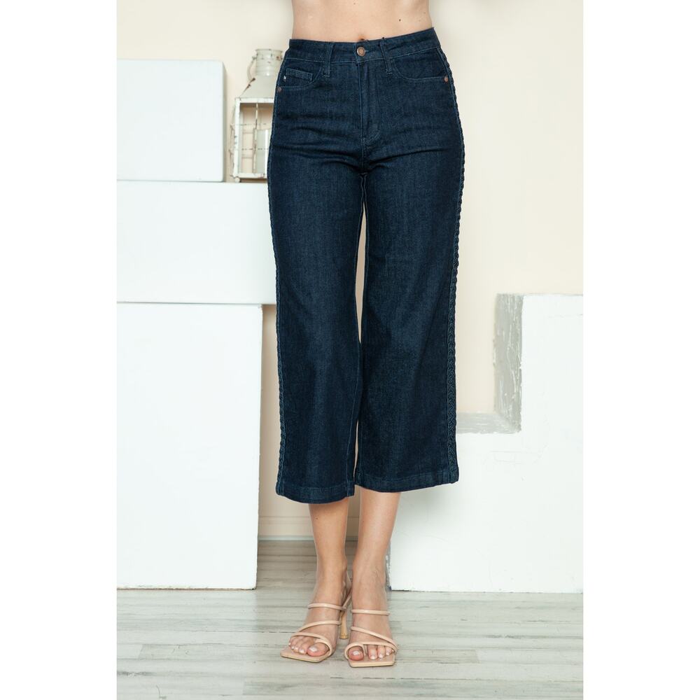 Judy Blue Side Seam Braid Detail Crop Wide Leg Jeans - JB88851 Rise - Size 0/24 - Picture 5 of 6